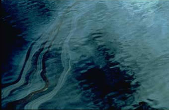 The glimmer or sheen of oil spilled by the Exxon Valdez.